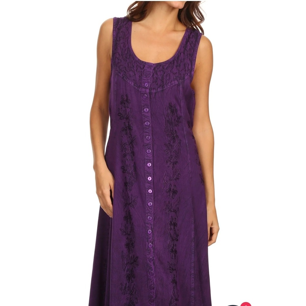 Sakkas Purple Embroidered Sleeveless Maxi Dress Button Front Boho Plus 1X-2X